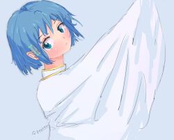 1girl artist_name blue_eyes blue_hair cape commentary fortissimo hair_ornament highres looking_at_viewer mahou_shoujo_madoka_magica mahou_shoujo_madoka_magica_(anime) miki_sayaka miki_sayaka_(magical_girl) musical_note musical_note_hair_ornament pewsnail short_hair simple_background solo upper_body white_background white_cape