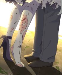 1boy 1girl black_shoes blood blue_archive brown_shoes commentary_request dress evening grey_pants hetero high_heels highres holy-san_(makuu) implied_kiss injury lower_body mika_(blue_archive) pants pantyhose sensei_(blue_archive) shoes single_shoe sunset tiptoes torn_clothes torn_dress torn_pantyhose white_dress white_pantyhose