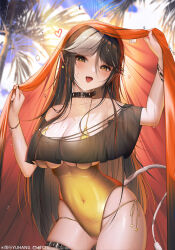 1girl :d absurdres animal_ears black_capelet black_hair bracelet breasts brown_eyes capelet collar covered_navel cow_ears cow_girl cow_tail cowboy_shot day gold_one-piece_swimsuit grey_hair highres jewelry large_breasts looking_at_viewer multicolored_hair one-piece_swimsuit open_mouth original outdoors palm_tree red_shawl shawl smile solo swimsuit tail tree two-tone_hair yuxing_yuhang
