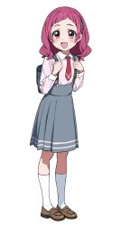 1girl :d backpack bag blush brown_shoes collared_shirt full_body grey_skirt hair_ornament highres hiji_rida holding_strap kneehighs loafers long_sleeves looking_at_viewer necktie nono_hana open_mouth pink_eyes pink_hair pleated_skirt precure randoseru school_uniform shirt shoes skirt smile socks solo standing white_background white_shirt