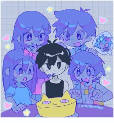 Rule 34 | 2girls, 4boys, antenna hair, artist name, aubrey (headspace) (omori), aubrey (omori), basil (headspace) (omori), basil (omori), big yellow cat (omori), black eyes, black hair, black tank top, blue shirt, bow, bright pupils, cake, camera, chibi, chibi inset, colored skin, double-parted bangs, drooling, flower, food, green hair, hair bow, head wreath, heart, hero (headspace) (omori), hero (omori), highres, holding, holding camera, kel (headspace) (omori), kel (omori), littlebunniboo, long hair, looking at another, mari (headspace) (omori), mari (omori), mouth drool, multiple boys, multiple girls, omori, omori (omori), pajamas, parted lips, pink bow, pleated skirt, purple eyes, purple hair, red skirt, shirt, short hair, short sleeves, skirt, smile, speech bubble, spoken character, t-shirt, tank top, teeth, white pupils, white skin