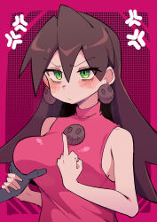 Rule 34 | 1boy, 1girl, absurdres, anger vein, bare shoulders, brown hair, buzzlyears, dress, earrings, grabbing another&#039;s breast, green eyes, groping, highres, holding another&#039;s wrist, jewelry, long hair, mega man (series), mega man legends (series), middle finger, pink background, pink dress, simple background, skull brooch, skull earrings, solo focus, tron bonne (mega man)