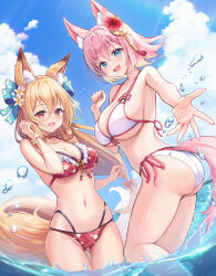 2girls animal_ear_fluff animal_ears ass bare_shoulders bikini blonde_hair blue_eyes blue_sky blush bow bracelet breasts cleavage collarbone flower fox_ears fox_girl fox_tail frills hair_between_eyes hair_bow hair_flower hair_ornament highres jewelry large_breasts long_hair looking_at_viewer multiple_girls navel ocean open_mouth original pink_hair red_bikini red_eyes sakura_ani short_hair sky smile stomach swimsuit tail water white_bikini