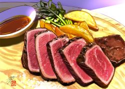 food food_focus meat no_humans original potato_wedges sauce saucer simple_background sparkle steak still_life vegetable yawarabi_juubee
