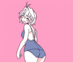 1girl ahoge arcueid_brunestud ass ass_focus blue_one-piece_swimsuit blush breasts closed_eyes flustered large_breasts melty_blood one-piece_swimsuit short_hair sideboob simple_background smile sweatdrop swimsuit tententensan tsukihime