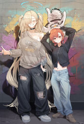 2girls \m/ ^_^ absurdres alternate_costume alternate_hairstyle asuna_(blue_archive) asymmetrical_bangs black_choker black_jacket blonde_hair blue_archive bra breasts brick_wall casual choker closed_eyes commentary denim doodle_sensei_(blue_archive) drawing_(object) earrings facing_viewer fingernails ggz_(gguzal_95) grey_hoodie grin hair_over_one_eye halo hands_on_own_head highres hood hoodie jacket jeans jewelry large_breasts long_hair looking_at_viewer mole mole_under_each_eye mole_under_eye multiple_girls multiple_moles nail_polish navel necklace neru_(blue_archive) one_eye_covered orange_hair outdoors own_hands_together pants sensei_(blue_archive) shoes short_twintails single_bare_shoulder smile sneakers torn_clothes torn_pants twintails underwear very_long_hair white_bra
