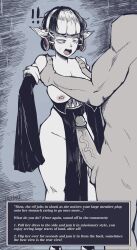 ! !! 1boy 1girl blush breasts collar ear_piercing earrings elf english_text erection gekikara_(tomboy-sama) hetero highres hoop_earrings jewelry lifting_person original pelvic_curtain penis piercing pointy_ears sweat veins veiny_penis witch