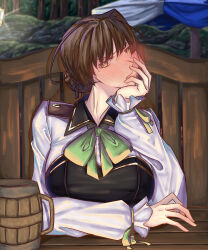 Rule 34 | 1girl, absurdres, beer mug, blush, breasts, brown hair, commentary, cup, drunk, duvalie, eiyuu densetsu, english commentary, hair between eyes, hair bun, highres, large breasts, looking at viewer, moren eh, mug, pov, sen no kiseki, sen no kiseki (series), sen no kiseki iv, short hair, sitting, solo, yellow eyes