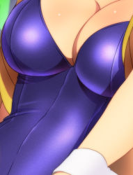 1girl breast_focus breasts cleavage commentary_request head_out_of_frame leotard long_hair lower_body medium_breasts playboy_bunny purple_leotard shiny_clothes shiny_skin strapless strapless_leotard torso touhou very_long_hair wrist_cuffs yadokari_genpachirou yakumo_yukari