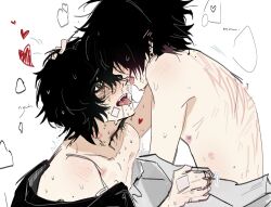 Rule 34 | 2boys, bite mark, black hair, black hoodie, blush, degrees of lewdity, full-face blush, green eyes, grey shirt, hand in another&#039;s hair, heart, hickey, highres, hood, hoodie, koinurin, kylar (degrees of lewdity), kylar (male) (degrees of lewdity), male focus, multiple boys, player character (degrees of lewdity), player character (male) (degrees of lewdity), red pupils, saliva, saliva trail, scratches, shirt, short hair, simple background, sweat, tongue, tongue out, topless male, undressing, white background, yaoi