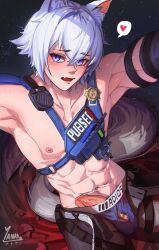 1boy abs animal_ears cat_ears erection heart highres male_focus nipples partially_undressed penis police precum seth_lowell solo tail tears underwear yanayaa_a zenless_zone_zero
