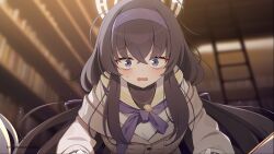 1girl absurdres black_hair blue_archive blue_eyes blush book bookshelf crossed_bangs hair_ribbon hairband halo highres ladder librarian library long_hair neckerchief official_art official_wallpaper open_mouth ribbon sailor_collar ui_(blue_archive) very_long_hair