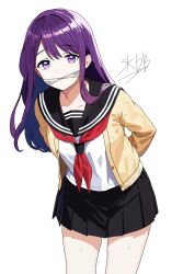 1girl arms_behind_back artist_request bdsm breasts cardigan cleave_gag cloth_gag collarbone gag gagged highres improvised_gag kubo-san_wa_mob_wo_yurusanai kubo_nagisa leaning_forward long_hair long_sleeves looking_at_viewer medium_breasts neckerchief open_cardigan open_clothes pleated_skirt purple_eyes purple_hair sailor_collar school_uniform serafuku skirt sweat thigh_gap thighs white_background