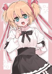 Rule 34 | 1girl, :d, absurdres, aqua eyes, black bow, black bowtie, black skirt, blush, bow, bowtie, center frills, commentary request, cowboy shot, drop shadow, eyebrows hidden by hair, frilled shirt, frilled skirt, frills, gothic lolita, hair between eyes, hair ornament, hair ribbon, hand up, happy, high-waist skirt, highres, index finger raised, kamikita komari, little busters!, lolita fashion, long ribbon, long sleeves, looking at viewer, medium hair, official alternate costume, open mouth, outline, puffy long sleeves, puffy sleeves, red ribbon, ribbon, shirt, simple background, skirt, sleeve bow, smile, solo, star (symbol), star hair ornament, two side up, white background, white outline, white shirt, zabuzabu zabuun