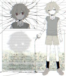 2boys antenna_hair basil_(faraway)_(omori) basil_(omori) black_liquid black_socks blonde_hair brown_shorts chromatic_aberration closed_mouth collared_shirt colored_skin dot_nose double-parted_bangs empty_eyes english_text flower grey_eyes grey_shoes grey_sweater_vest hair_between_eyes hashtag-only_commentary head_tilt highres holding holding_scissors kneehighs loafers looking_at_viewer male_focus multiple_boys multiple_views my_loleeta no_pupils omori parted_lips red_eyes scissors shirt shoes short_hair short_sleeves shorts simple_background socks something_(omori) spoilers standing straight-on stranger_(omori) sunflower sweater_vest white_background white_shirt white_skin wide-eyed