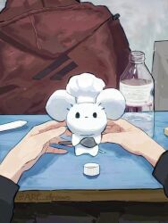 Rule 34 | 1other, arc draws, black eyes, black shirt, bottle, chef hat, clothed pokemon, hat, highres, holding, holding spoon, long sleeves, looking at viewer, maushold, nintendo, plastic bottle, pokemon, pokemon (creature), shirt, spoon, twitter username, white hat