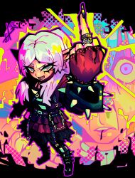 1girl absurdres alpharecdyt alternate_costume black_boots black_jacket black_nails black_skirt boots bracelet commentary elf english_commentary fingerless_gloves frieren gloves green_eyes grey_hair highres jacket jewelry long_hair middle_finger open_mouth pointy_ears red_gloves shirt skirt solo sousou_no_frieren spiked_bracelet spikes standing striped_clothes striped_shirt
