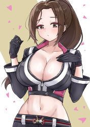 Rule 34 | 1girl, absurdres, belt, black gloves, black jacket, breasts, brown eyes, brown hair, cleavage, crop top, cropped jacket, fatal fury, fatal fury: city of the wolves, genjimarup, gloves, highres, jacket, large breasts, long hair, long sleeves, looking at viewer, midriff, navel, pants, ponytail, shiranui mai, simple background, solo, the king of fighters