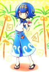 1girl blue_eyes blue_hair blue_pants blush bright_pupils closed_mouth commentary_request flip-flops full_body haiiro_(immature) hairband holding holding_poke_ball lana_(pokemon) nintendo no_sclera pants poke_ball poke_ball_(basic) pokemon pokemon_sm sandals shirt short_hair smile solo standing tree white_pupils white_shirt yellow_hairband