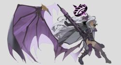 1girl aiguillette black_gloves blue_archive boots coat coat_on_shoulders demon_horns demon_wings exocet_(exocet4) from_side full_body fur-trimmed_coat fur_trim gloves glowing glowing_eyes gun halo hand_up highres hina_(blue_archive) holding holding_gun holding_weapon horns jacket oversized_wings long_hair looking_to_the_side machine_gun mg42 military_jacket multiple_horns purple_boots purple_eyes purple_thighhighs purple_wings simple_background solo thighhighs weapon white_background white_hair wind wings