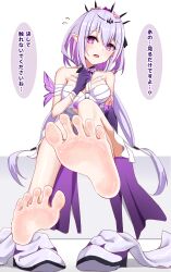 1girl absurdres barefoot blush boots castorice_(honkai:_star_rail) feet highres honkai:_star_rail honkai_(series) iberiko_(soinesitai) long_hair looking_at_viewer open_mouth pointy_ears purple_eyes purple_hair shoes soles toes translated unworn_boots unworn_shoes