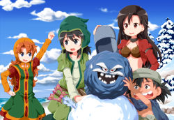 2boys 2girls aira_(dq7) arm_up black_hair blue_eyes breasts dagger dragon_quest dragon_quest_vii earrings gabo green_shirt hand_on_own_hip hat helmet hero_(dq7) jewelry knife long_hair looking_back maribel_(dq7) midriff multiple_boys multiple_girls open_mouth orange_hair red_eyes ruu_(tksymkw) shirt short_hair smile snow snowman weapon