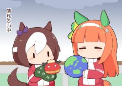 2girls animal_ears blush_stickers bow brown_hair chibi closed_eyes cloud ear_bow globe gomashio_(goma_feet) hairband horse_ears horse_girl horse_tail jacket karakusa_(pattern) lion_dance long_hair multicolored_hair multiple_girls orange_hair outdoors pants purple_bow red_jacket red_pants shishimai silence_suzuka_(umamusume) sky special_week_(umamusume) tail track_jacket track_pants track_suit translation_request two-tone_hair umamusume very_long_hair white_hair white_hairband |_|