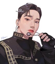 1boy asian ateez black_eyes black_gloves black_hair black_jacket choi_san closed_mouth commentary earpiece english_commentary eyebrow_cut fingerless_gloves gloves hand_on_headwear highres jacket k-pop kwnce long_sleeves male_focus microphone portrait real_life red_lips short_hair signature simple_background solo very_short_hair white_background