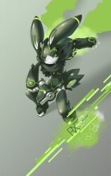 1boy 2009 absurdres animal_ears black_skin colored_skin colored_tongue electric_hearts furry furry_male green_eyes green_tongue gun highres holding holding_gun holding_weapon joints looking_at_viewer non-web_source original parted_lips photoshop_(medium) rabbit rabbit_boy rabbit_ears rabbit_tail robot robot_joints scarf signature simple_background tail three_quarter_view tsurime tyson_tan weapon