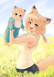 animal_ear_fluff animal_ears arm_up baby batta_(kanzume_quality) blonde_hair blue_eyes carrying carrying_baby carrying_person cloud cloudy_sky commentary_request denim fangs field flower flower_field fox_boy fox_ears fox_girl fox_son_(batta_(kanzume_quality)) fox_tail fox_wife_(batta_(kanzume_quality)) jeans kitsune_no_oyome-chan kitsune_no_oyome-chan_to_musuko-chan looking_at_viewer mother_and_son mountainous_horizon open_mouth outdoors paid_reward_available pants short_twintails sky sleeveless tail turning_head twintails