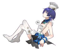 1boy a_maya_xxx alternate_costume alternate_headwear apron aqua_gemstone aqua_ribbon armpit_crease arms_at_sides black_skirt blue_bow blue_collar blunt_ends bow chef_hat closed_mouth collar cosplay crossdressing crossed_legs detached_collar empty_eyes escoffier_(genshin_impact) escoffier_(genshin_impact)_(cosplay) from_side full_body gem genshin_impact hair_ornament hair_ribbon hat heart heart_hair_ornament light_blush looking_at_viewer male_focus nipples purple_eyes purple_hair ribbon scaramouche_(genshin_impact) skirt solo speech_bubble sweat thighhighs toque_blanche translation_request white_apron white_background white_hat white_thighhighs wispy_bangs wrist_cuffs
