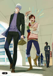 1girl 4boys :d azai_nagamasa_(sengoku_basara) black_pants blunt_bangs blunt_ends boots brown_footwear brown_hair drink food frown gakuen_basara gakuran guest_art hair_over_one_eye highres holding holding_drink holding_food ishida_mitsunari_(sengoku_basara) kyuugou_(ninekoks) looking_at_another looking_back male_focus multicolored_hair multiple_boys non-web_source official_art oichi_(sengoku_basara) open_mouth pants purple_shirt red_hair school_uniform sengoku_basara shibata_katsuie_(sengoku_basara) shima_sakon_(sengoku_basara) shirt short_hair smile sweater_vest two-tone_hair walking