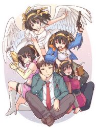 1boy 4girls absurdres beer_mug blazer blue_jacket breasts brown_eyes brown_footwear brown_hair brown_pants cleavage closed_mouth collared_shirt cup dress drunk elbow_gloves feathered_wings gloves green_jacket grin gun hairband hand_on_own_cheek hand_on_own_face handgun highres holding holding_cup holding_gun holding_weapon jacket kita_high_school_uniform kneeling kyon loafers long_sleeves looking_at_another medium_hair mug multiple_girls multiple_persona necktie official_alternate_costume one_eye_closed open_clothes open_jacket pants pink_shirt pink_shorts red_necktie revolver ribbon school_emblem school_uniform shirt shoes short_hair shorts simple_background sitting smile sos_galactic_patrol strapless suzumiya_haruhi suzumiya_haruhi_no_yuuutsu taiki_(6240taiki) teeth thigh_strap tube_top weapon white_background white_dress white_shirt white_tube_top white_wings wings winter_uniform yellow_gloves yellow_hairband yellow_ribbon