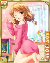 1girl bare_legs barefoot bedroom bottomless brown_eyes brown_hair card_(medium) day girlfriend_(kari) indoors looking_at_viewer low_twintails official_art one_eye_closed open_mouth pink_sweater qp:flapper smile solo standing standing_on_one_leg sweater tagme tamai_remi twintails