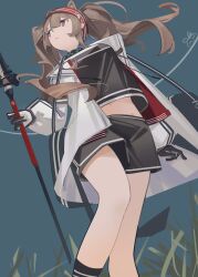 1girl absurdres angelina_(arknights) animal_ear_fluff animal_ears arknights bag black_choker black_gloves black_shirt black_shorts black_socks brown_eyes brown_hair chichi_guai choker closed_mouth coat commentary dolphin_shorts extra_ears fox_ears fox_girl gloves hairband highres holding holding_staff infection_monitor_(arknights) kneehighs long_hair long_sleeves midriff_peek navel red_hairband shirt shorts shoulder_bag socks solo staff standing striped_clothes striped_hairband symbol-only_commentary twintails two-tone_gloves unzipped wavy_hair white_coat white_gloves