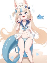 1girl absurdres ahoge animal_ear_fluff animal_ears bikini blue_bikini blush breasts cat_ears commentary dress fins fish fish_girl fish_tail highres indie_virtual_youtuber loli long_hair looking_at_viewer low_twintails navel one_side_up open_mouth sameko_saba sameko_saba_(fish) sand_bucket sleeveless sleeveless_dress small_breasts smile solo swimsuit symbol-only_commentary tail twintails vanillafox2035 very_long_hair virtual_youtuber white_dress