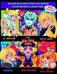 absurdres akita_neru amane_misa america_(hetalia) axis_powers_hetalia blonde_hair blue_eyeshadow blue_lips blush brown_hair death_note dio_brando drill_hair eyelashes eyeshadow highres jojo_no_kimyou_na_bouken kagamine_len kagamine_rin kasane_teto kasane_teto_(utau) kasanemichael lips lower_teeth_only makeup open_mouth original sharp_teeth side_ponytail smile stardust_crusaders tareme teeth tsurime twin_drills upper_teeth_only utau vocaloid yagami_light yellow_eyes
