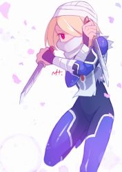 1girl absurdres androgynous bandages blonde_hair commentary falling_petals highres knife mask nintendo petals red_eyes reverse_trap sheik short_hair solo supure647 the_legend_of_zelda the_legend_of_zelda:_ocarina_of_time turban weapon white_background