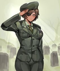 1girl absurdres alternate_costume beret big_boss big_boss_(cosplay) breasts brown_eyes brown_hair closed_mouth collared_shirt cosplay cowboy_shot dark-skinned_female dark_skin eyepatch graveyard green_necktie green_shirt hat highres large_breasts limbus_company metal_gear_(series) metal_gear_solid_3:_snake_eater military military_uniform morchkins necktie outis_(project_moon) project_moon salute shirt short_hair solo standing
