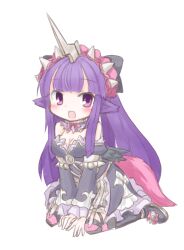 Rule 34 | animal ears, bare shoulders, beyaert alma, black dress, boots, breasts, dress, emil chronicle online, frilled hairband, frilled skirt, frilled sleeves, frills, frr (akf-hs), hairband, highres, horns, horse girl, large breasts, long hair, purple eyes, purple hair, purple thighhighs, skirt, striped clothes, striped thighhighs, thighhighs