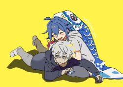 2boys :d :o ^_^ absurdres aged_down ahoge aoyama_kazuki ball black_hoodie blue_hair blush_stickers children&#039;s_day closed_eyes dated grey_hair grey_hoodie grey_socks hair_between_eyes highres holding holding_ball hood hoodie kana0503 koinobori lying male_focus multiple_boys on_stomach open_mouth origami otori_ojirou short_hair smile socks tribe_nine windsock yellow_background