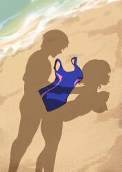 1boy 1girl absurdres beach blue_one-piece_swimsuit box_wonderland breasts commentary dressed_shadow_(meme) hetero highres implied_nudity large_breasts love_live! love_live!_sunshine!! medium_hair meme ocean one-piece_swimsuit outdoors salute sex sex_from_behind shadow standing standing_sex swimsuit unworn_clothes unworn_swimsuit watanabe_you