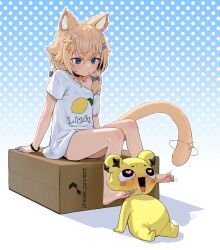 Rule 34 | absurdres, aged down, agemmata, animal ear fluff, animal ears, barefoot, black collar, blonde hair, blue bow, blue eyes, blue skin, blush, bow, box, braid, cardboard box, cat ears, cat girl, cat tail, choppy bangs, collar, colored skin, cowlick, drooling, earrings, extra ears, facial tattoo, hair bow, hair ornament, hairclip, heart, heart-shaped pupils, highres, jewelry, kaneko lumi, low twin braids, luminid (kaneko lumi), oversized clothes, oversized shirt, phase connect, self-upload, shirt, short braid, sidelocks, simple background, single off shoulder, sitting, slit pupils, star (symbol), star earrings, star hair ornament, star pendant, symbol-shaped pupils, tail, tattoo, twin braids, virtual youtuber, white shirt, wristband