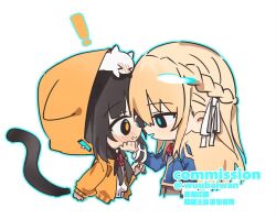 2girls animal animal_hood animal_on_head asakura_karen_(heaven_burns_red) black_hair blonde_hair blue_jacket blush bow braid chibi green_eyes half_up_braid hand_on_another&#039;s_chin heaven_burns_red hood hood_up hooded_jacket jacket long_hair long_sleeves multiple_girls on_head red_bow ribbon tail toujou_tsukasa twintails white_ribbon wuubaiwan yellow_eyes yuri