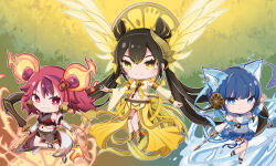 3girls animal_ears anklet ballerina bell bell_earrings black_hair blue_eyes blue_hair bradi cane cat_ears cat_girl cat_tail chibi closed_mouth crop_top deformed detached_sleeves double_bun duel_monster earrings feather_hair_ornament feathered_wings feathers fire food-themed_hair_ornament gold_thighlet ha-re_the_sword_mikanko hair_bun hair_ornament highres holding holding_cane holding_sword holding_weapon japanese_clothes jewelry mandarin_orange_slice midriff miniskirt mouse_ears mouse_girl mouse_tail multiple_girls navel ni-ni_the_mirror_mikanko o-ring o-ring_thigh_strap ohime_the_manifested_mikanko pelvic_curtain red_eyes red_hair short_hair shorts skirt smile sword tail thigh_strap thighs twintails watamoofu water weapon wings yellow_eyes yu-gi-oh!