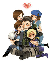 1boy beret black_hair blonde_hair blue_eyes blue_hat brown_hair bush chris_redfield closed_eyes deformed hat headset jill_valentine multiple_persona ponytail red_eyes resident_evil sakura3914 shoulder_pads simple_background white_background