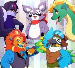 2girls 3boys animal_ears bird_girl closed_mouth commentary english_commentary fangs finley_(indigo_park) forked_eyebrows furry furry_female furry_male half-closed_eye hand_wings highres indigo_park lion_boy lion_ears lion_mane lloydford_l._lion looking_at_viewer m2133786545116 mollie_macaw multiple_boys multiple_girls one_eye_closed open_mouth profile raccoon_boy raccoon_ears rambley_the_raccoon salem_(indigo_park) skunk_girl skunk_tail smile tongue tongue_out