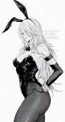 1girl a2_(nier:automata) animal_ear_hairband animal_ears breasts commentary_request detached_collar fake_animal_ears fishnet_pantyhose fishnets hairband hand_on_own_hip highres leotard long_hair loose_hair_strand medium_breasts nier:automata nier_(series) nishiii26miii pantyhose playboy_bunny rabbit_ear_hairband rabbit_ears solo standing strapless strapless_leotard watermark