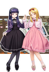2girls black_dress blonde_hair dress gothic_lolita hair_ribbon hairband hidaka_koharu high_score_girl highres holding_hands jacket lolita_fashion multiple_girls nikuoji oono_akira outline pantyhose pink_dress pink_eyes pink_jacket purple_hair purple_jacket ribbon skirt_hold yellow_eyes