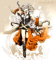 1girl armor belt blue_eyes boots commentary_request fantasy fingerless_gloves forehead_protector full_body gloves kahadu_(kawazu) medium_hair open_mouth original pixiv_fantasia pixiv_fantasia_4 skirt smile solo sword sword_on_back thigh_strap weapon weapon_on_back white_hair
